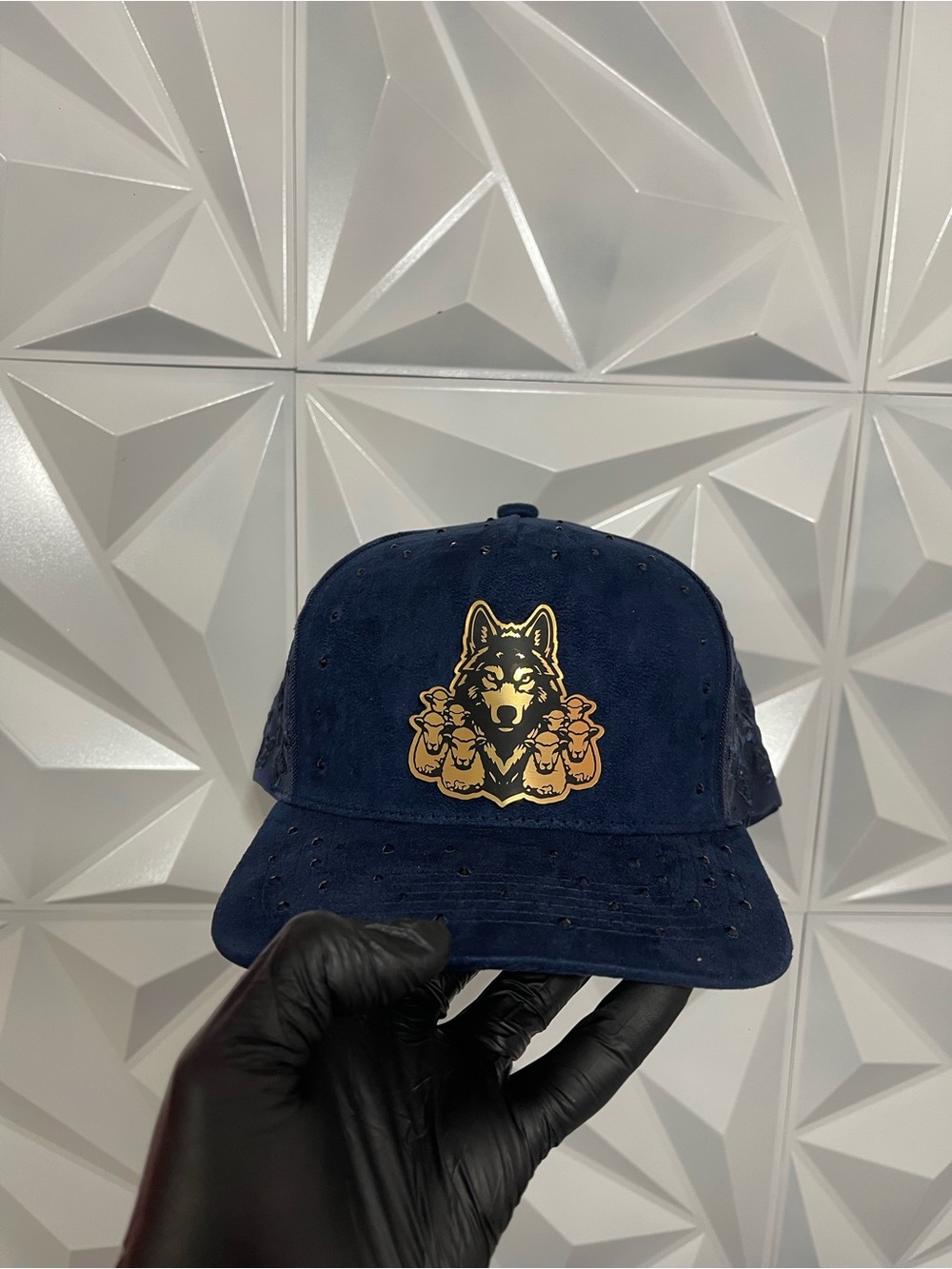 Navy Suede Wolf Patch Cap - Men Accessories
